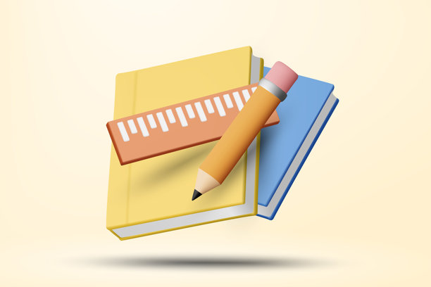 3D矢量插画，描绘了书籍、铅笔和尺子。概念用于学校教育和学生家庭作业学习。学习用品背景模板。图片下载