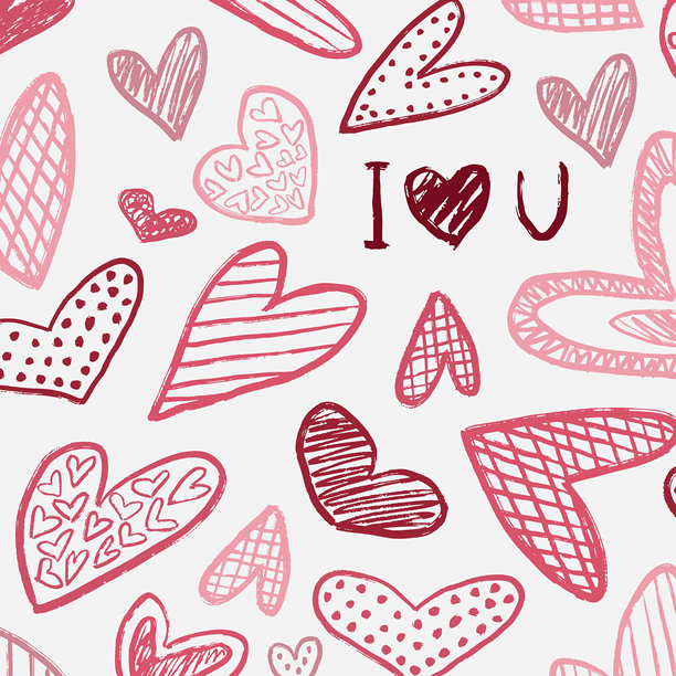手绘粉色爱心背景，带有“我爱你”字样。情人节快乐设计。复古蜡笔炭笔风格的矢量草图插画。图片下载