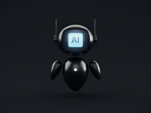 黑色人工智能机器人助手，屏幕上显示人工智能文字，黑暗的未来科技概念，3D渲染图片下载
