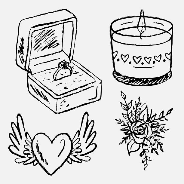手绘订婚日符号：盒子里的戒指、玻璃罐里的蜡烛、飞舞的心和美丽的花束。复古蜡笔炭笔风格的矢量草图插画。图片下载