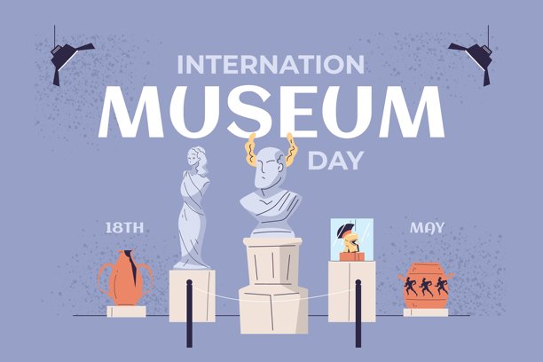 博物馆日。国际博物馆日5月18日，历史展品博物馆大厅当代古董艺术希腊雕像罗马雕塑艺术品工作室矢量插画图片下载