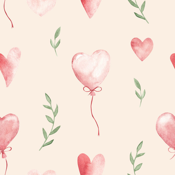 情人节或婚礼水彩无缝图案，在米色背景上飞舞着粉红色的心、气球和绿色的树枝。水彩手绘插画，适用于织物或纺织品印花、礼品包装纸。图片下载
