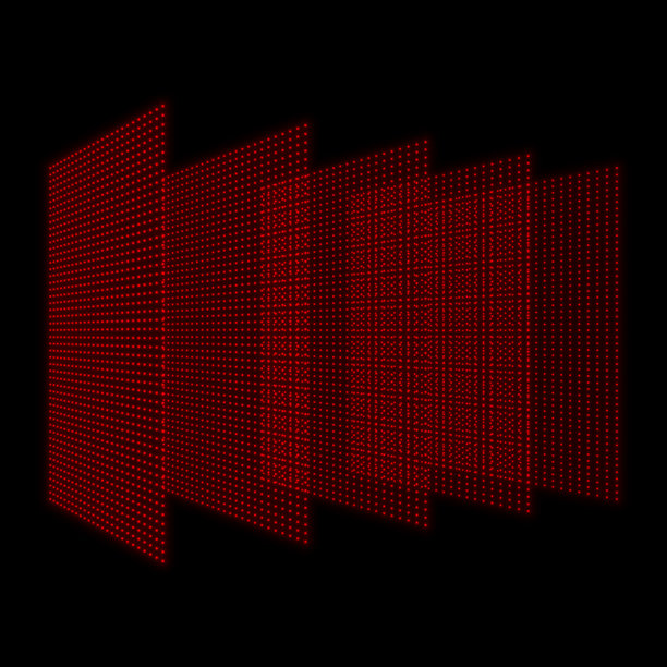 红色的分层数字点阵平面。大数据屏幕透视图，侧面视角排列成行。图片下载