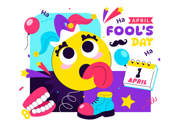 欢乐的愚人节庆祝插画，包含小丑帽和惊喜盒子，以扁平卡通节日风格的背景来愚弄人们图片下载