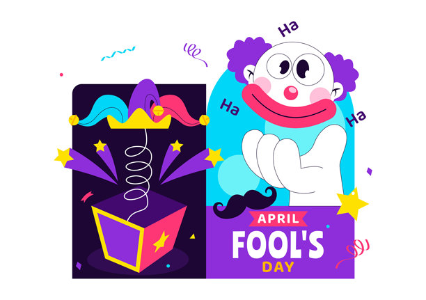 欢乐的愚人节庆祝插画，以小丑帽和惊喜盒子为特色，采用扁平卡通节日风格的背景来愚弄人们图片下载