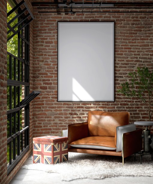 旧工业阁楼红砖墙客厅上的空白大型白色照片海报黑色框架，窗户阳光下的复古中世纪皮革扶手椅，用于艺术、壁画、绘画模板背景3D图片下载