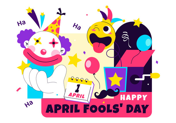 欢乐的愚人节庆祝插画，以小丑帽和惊喜盒子为特色，以扁平卡通节日风格的背景来捉弄人们图片下载