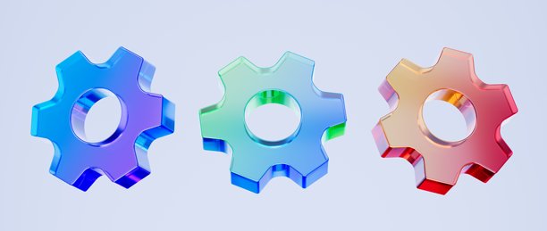 一套3D齿轮图标，系统设置和配置概念。多彩渐变玻璃质感图标，潮流玻璃全息图标，用于平面设计、UI UX界面、3D渲染插画。图片下载