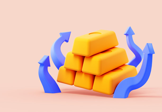 金条的3D渲染插图，带有向上指的蓝色箭头，象征着财务增长、财富和投资成功。图片下载