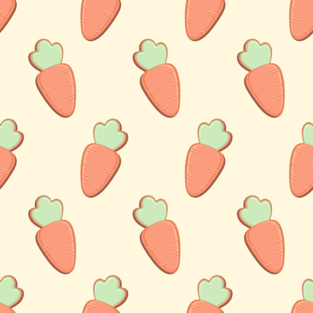 浅黄色背景上，复活节姜饼胡萝卜的无缝图案，装饰着糖霜。图片下载