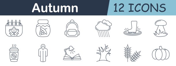 秋季图标集。日历、果酱罐、背包、雨水、靴子溅水、蘑菇、咖啡杯、连帽衫、打开的书、光秃秃的树、小麦和南瓜，采用季节性轮廓风格。图片下载