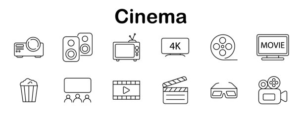 电影场景图标。投影仪、扬声器、复古电视、4K屏幕、胶片卷、电影监视器、爆米花、带观众的屏幕、胶片条、场记板、3D眼镜、摄像机。图片下载