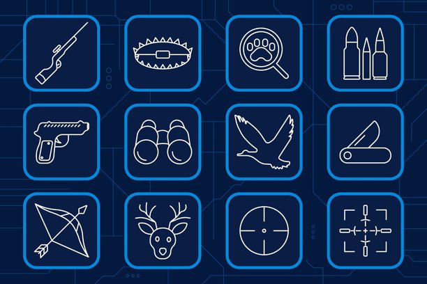 狩猎套装图标。步枪、弓箭、刀、子弹、鹿、鸟、望远镜、捕熊夹、瞄准镜、爪印，野外自然，户外追踪探险。图片下载