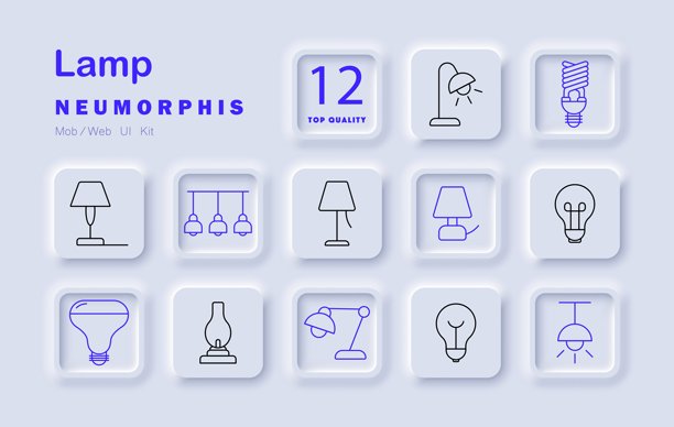 灯具套装图标。台灯、灯泡、书桌灯、吊灯、吸顶灯、射灯、油灯、阅读灯、复古灯座、现代造型室内照明，适用于家居、工作、装饰、电力、设计。图片下载