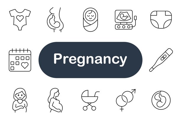 怀孕套装图标。婴儿服装、肚子、新生儿、超声波、尿布、日历、温度计、孕妇、婴儿车、性别、胎儿、母性、家庭、关怀、健康、成长、育儿、爱、准备、生命图片下载