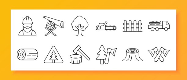 伐木工套装图标。工人、锯子、树、原木、斧头、卡车、木材、栅栏、树桩、森林、砍伐、工业、木材、工具、危险、工作、自然、森林砍伐、劳动、建筑图片下载