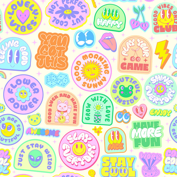 酷炫卡通趣味贴纸拼贴无缝图案矢量设计。潮流波普艺术漫画补丁插画。时髦有趣的徽章。图片下载
