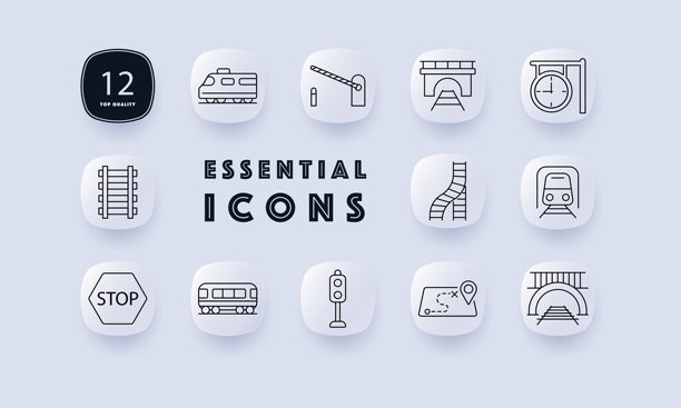 火车交通套装图标。包含机车、铁轨、桥梁、隧道、栏杆、停止标志、信号灯、时刻表、地图指针、有轨电车、弯曲的铁轨，采用交通风格插画。图片下载