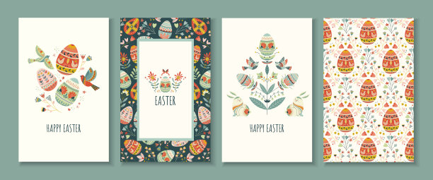 北欧民俗风情的节日复活节贺卡集，节日矢量插画，装饰有彩蛋、小鸟、花朵和装饰品。温馨的春季节日设计，适用于贺卡、邀请函、印刷品。图片下载