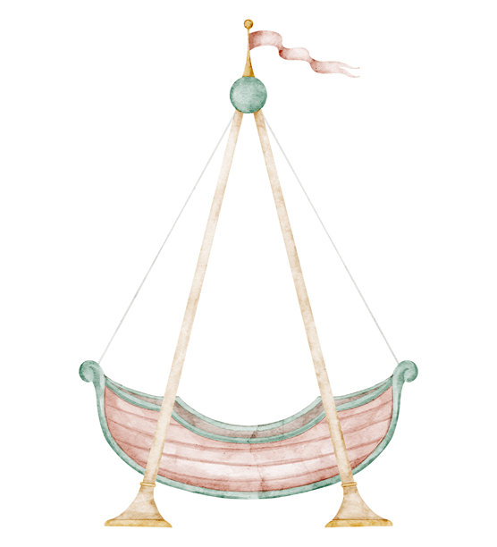 嘉年华秋千水彩插画，采用柔和的复古粉色和米色。适用于游乐园图形、游乐场场景、儿童派对邀请函或婴儿设计。供儿童乘坐的秋千游乐设施。图片下载