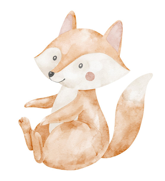 狐狸水彩插画，采用柔和的粉彩色调和友好的角色风格。可爱的动物艺术，适合婴儿洗澡祝福卡或儿童邀请函。用于托儿所海报的剪贴画。图片下载