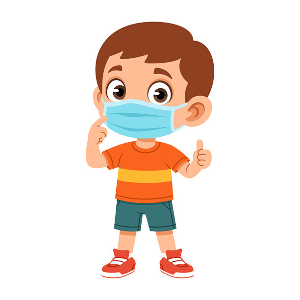 男孩戴着口罩的扁平化设计插画，用于健康防护、安全、卫生教育和儿童预防概念图片下载