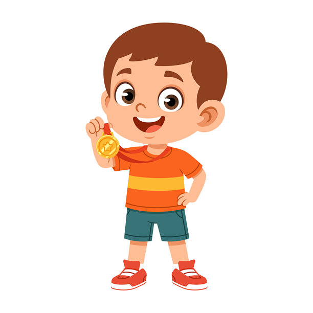 男孩奖牌扁平化设计插画，代表成功、成就、颁奖庆典和儿童激励概念图片下载