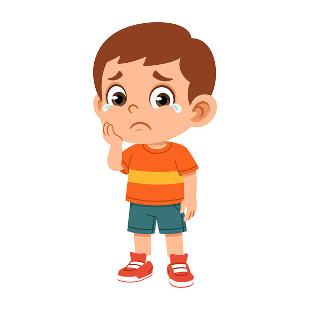 伤心男孩捂着脸，表情失望，扁平设计插画，适用于儿童内容、情感概念、教育项目和故事视觉。图片下载