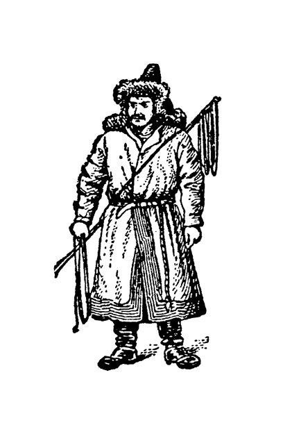 身披皮毛饰边外套，头戴高帽的吉尔吉斯族男子，肩扛长杖，为1897年的民族志老式插画肖像。图片下载