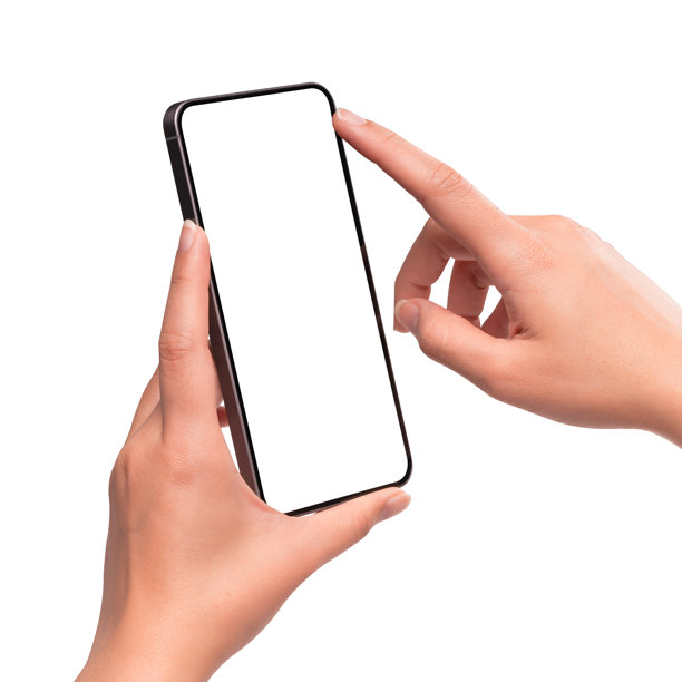 手持带空白白色屏幕的智能手机模型，孤立在白色背景上。带有用于复制空间的空显示屏的手机。图片下载