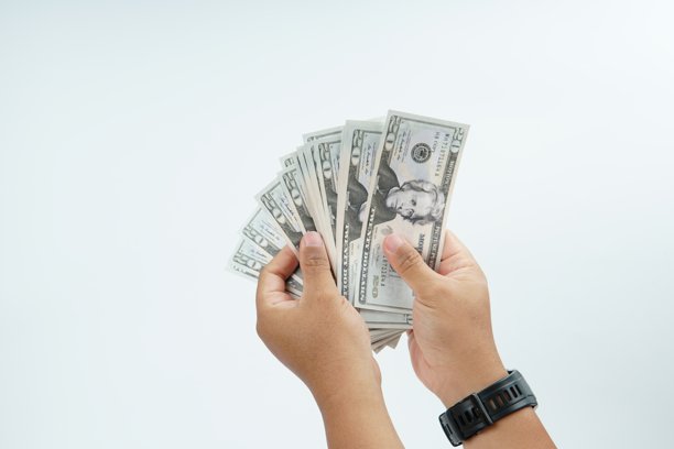 一只手拿着美元纸币，背景为白色，代表支付、现金交易、金融交易、收入、薪资和金钱的概念，并留有复制空间。图片下载