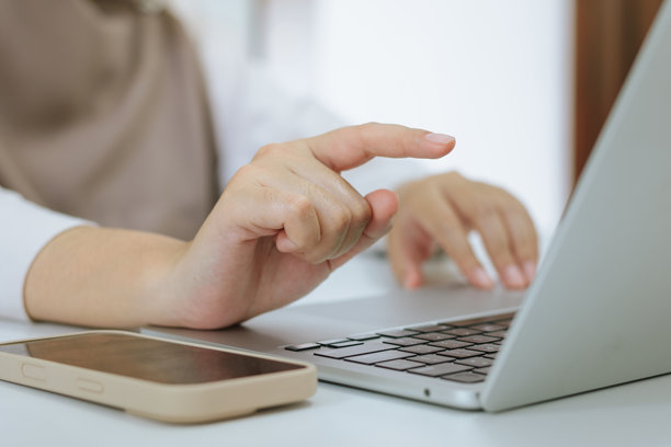 穆斯林女商人在笔记本电脑屏幕上用手指指着，分析数据图片下载