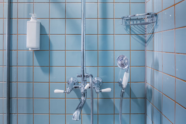 带有镀铬水龙头、手持花洒和墙壁的浴室淋浴区图片下载