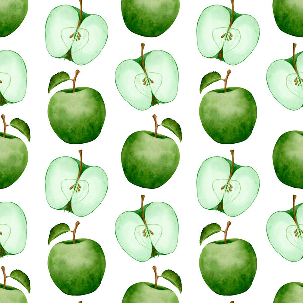 水彩苹果设计，优雅的水彩图案，展示了带叶子的完整和切片苹果图片下载