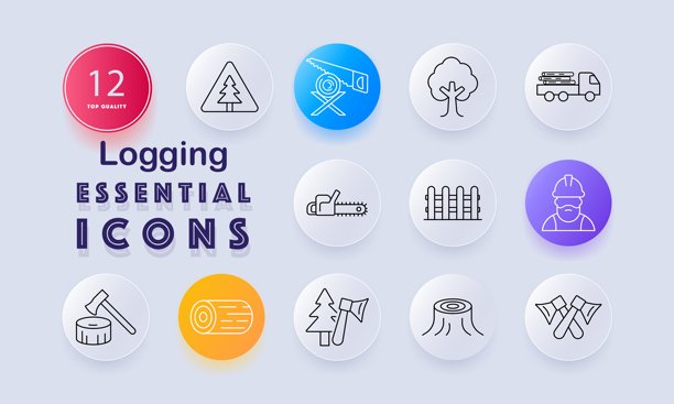 伐木套装图标。树木、电锯、树桩、斧头、木材堆、运材卡车、安全帽、栅栏、伐木工、锯片、交叉斧头、森林工具图片下载