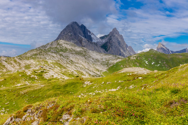 奥地利西部兰德克和扎姆斯阿尔卑斯山的山地景观，有陡峭的高山峰和森林覆盖的山坡图片下载