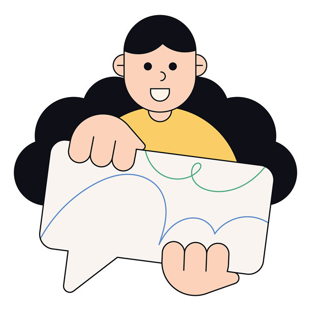 扁平插画：一位面带微笑的女士手持对话气泡图片下载