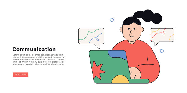 平铺插画：人物角色使用笔记本电脑进行在线交流，带有聊天气泡图片下载