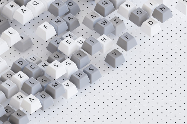 带有随机字母的电脑键盘按键，数字通信和内容创作概念，3D渲染图片下载