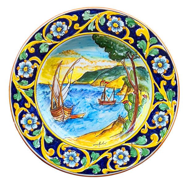 手绘西西里马约olica 盘，描绘切法卢风景图片下载