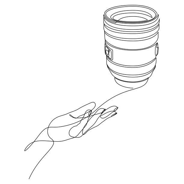 单线连续画的人手握着相机镜头。照片器材店的概念符号，由单线绘制。图片下载