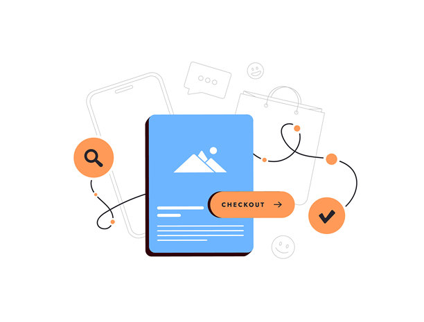 电子商务结账流程，包含链接、搜索放大镜、购物袋、表情符号笑脸聊天、带产品卡片的智能手机。在线购买流程客户旅程概念矢量图图片下载