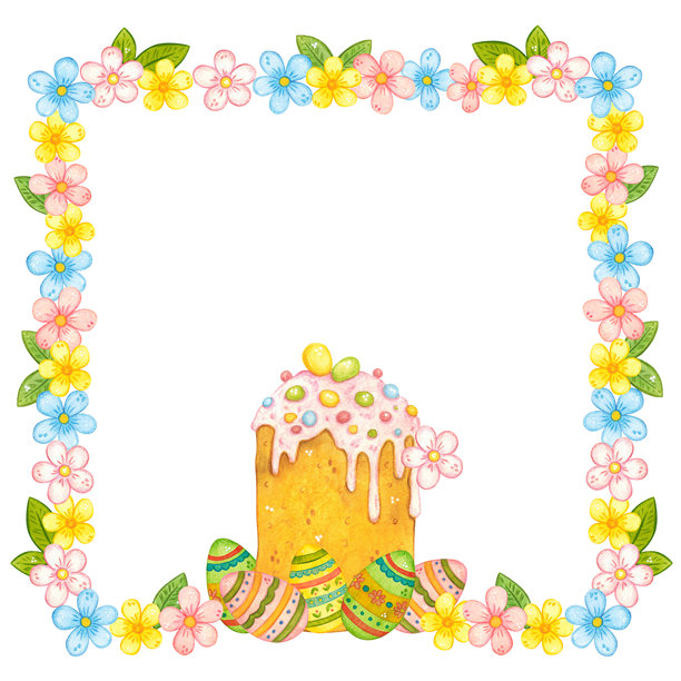 一幅精致的春季花卉、复活节蛋糕和彩蛋的画作。手绘水彩插画，卡通风格。适用于贺卡和请柬设计。构图、节日、纸杯蛋糕、彩蛋、明亮、装饰图片下载