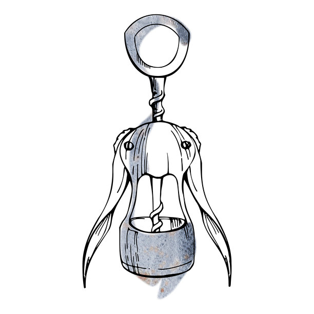 金属铬翼式开瓶器，酒吧或侍酒师工具，优雅的机械设计。手绘水彩墨水插画，适用于餐厅品牌、葡萄酒活动、菜单、生活方式视觉设计。图片下载