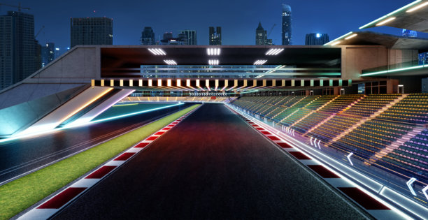 3D渲染的未来感赛道，带有明亮的霓虹灯轨迹图片下载