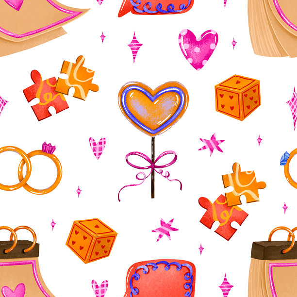 情人节卡通插画无缝图案，漫画手绘爱心设计，包含“Be mine”手绘插画。日期：2月14日图片下载