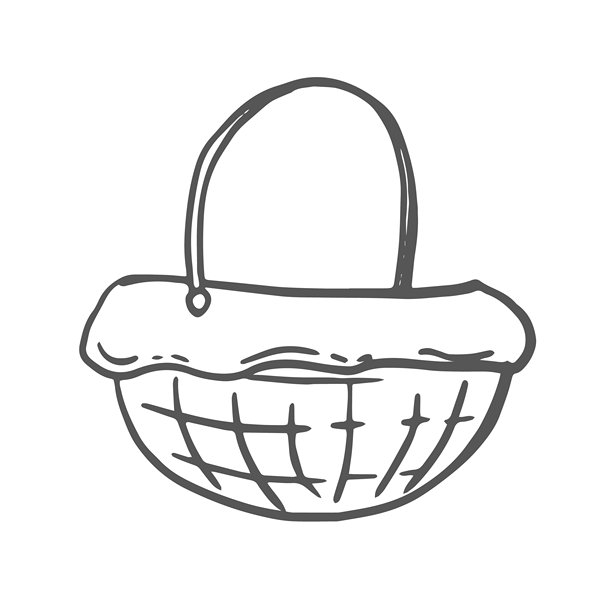 带手柄的柳条收割篮。矢量图形线条插画，手绘孤立。黑白涂鸦。质朴的空容器，草编野餐包。明信片、剪贴簿、贴纸的剪贴画。图片下载