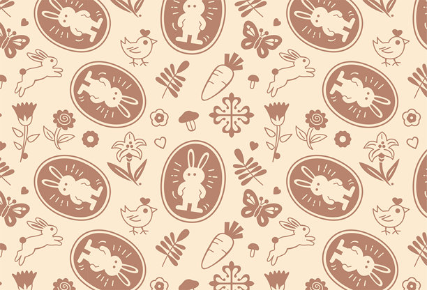 由胡萝卜、复活节彩蛋、百合花、蝴蝶、兔子和小鸡组成的无缝图案；复活节、春季背景插画。由复活节、胡萝卜、复活节彩蛋、百合花、蝴蝶、兔子和小鸡组成的图案和矢量图。图片下载
