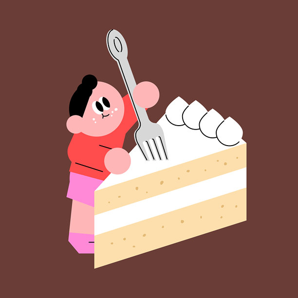 小男孩拿着一大块奶油蛋糕的平面矢量插画图片下载