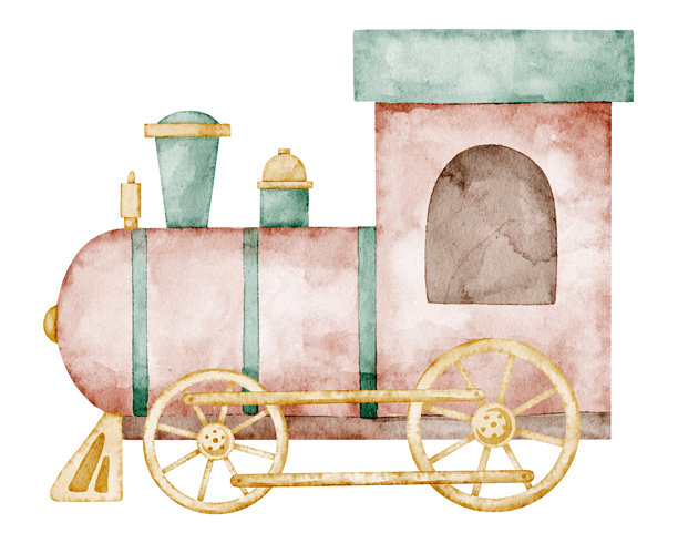 柔和复古风格的水彩火车插画。嘉年华交通艺术，适用于婴儿派对邀请函或儿童贺卡。游乐园场景和怀旧项目的剪贴画。图片下载